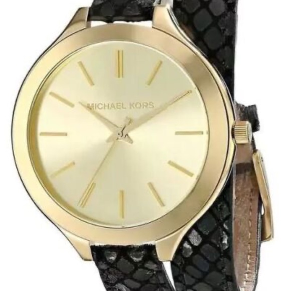Michael Kors Gold Watch w/ Wrap Style Black Snakeskin Band - Picture 3 of 10